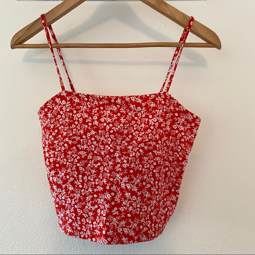 Red flower square neck tank top